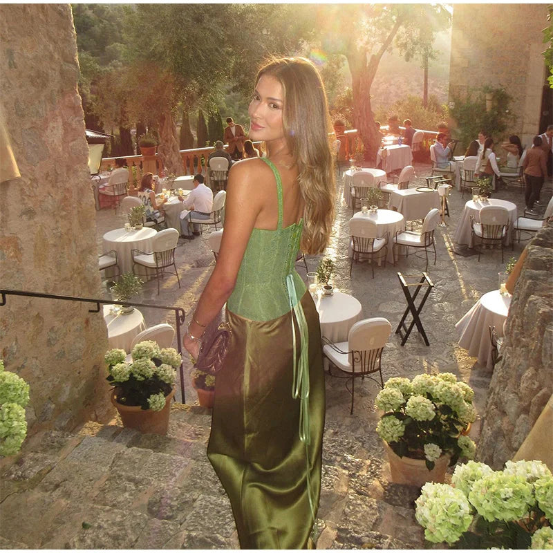 Two Piece Lace Up Top V Neck Sleeveless And A Line Skirt Set