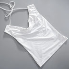 Women Sleeveless Swing Collar Backless Tie Back Ruched Top