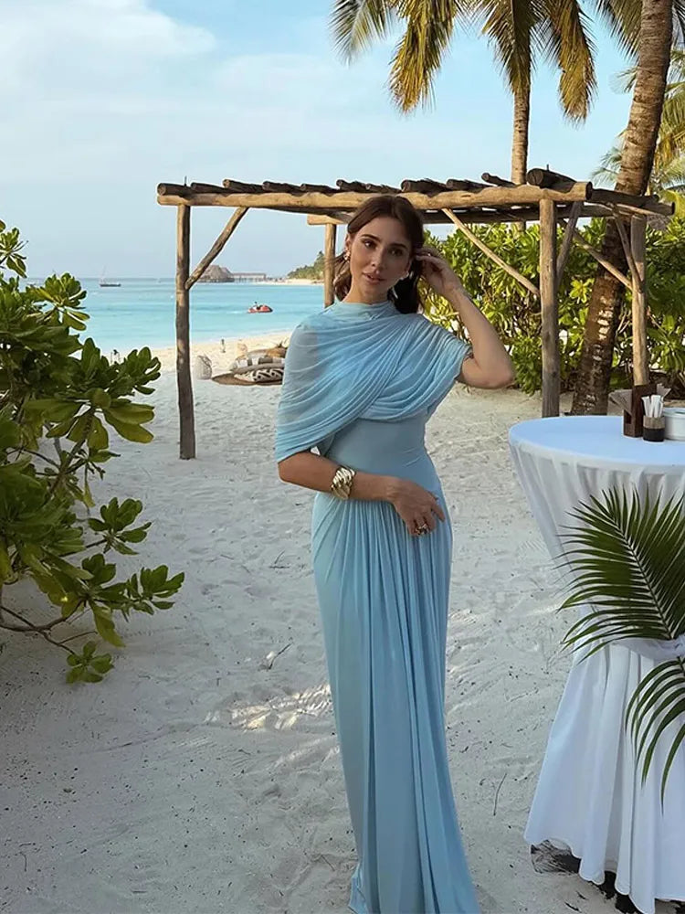 Blue Irregular Shawl Maxi Dress Slim Fit Pleated Turtleneck Elegant Evening