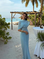 Blue Irregular Shawl Maxi Dress Slim Fit Pleated Turtleneck Elegant Evening