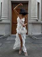 Elegant Lace V Neck Spaghetti Strap Maxi Dress Slit
