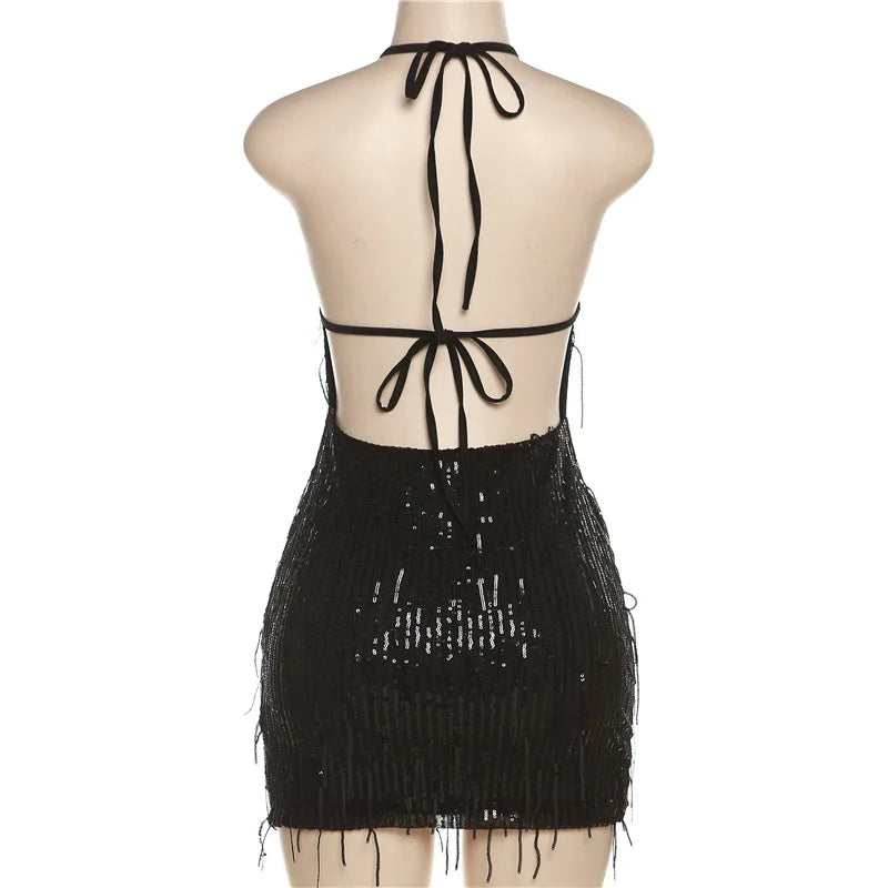Gleaming Halter Neck Backless Sequin Tassel Party Dress