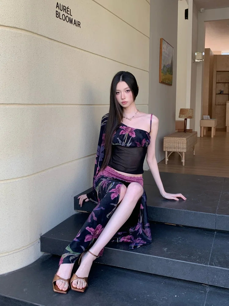 Floral Vintage Velour Off Shoulder Two Piece Set
