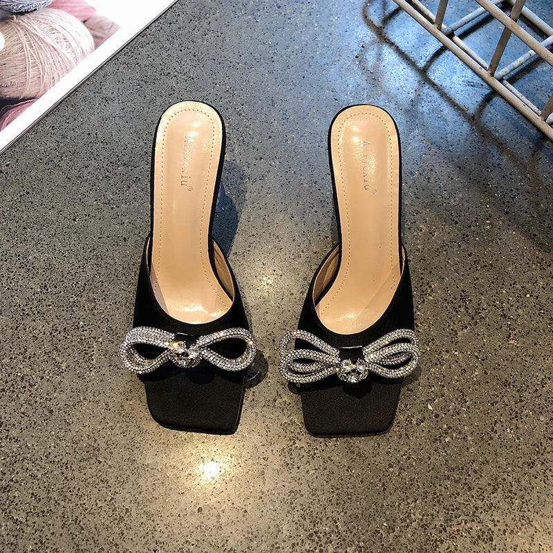 Rhinestone Butterfly Knot High Heel Sandals With Crystal Bow Mules