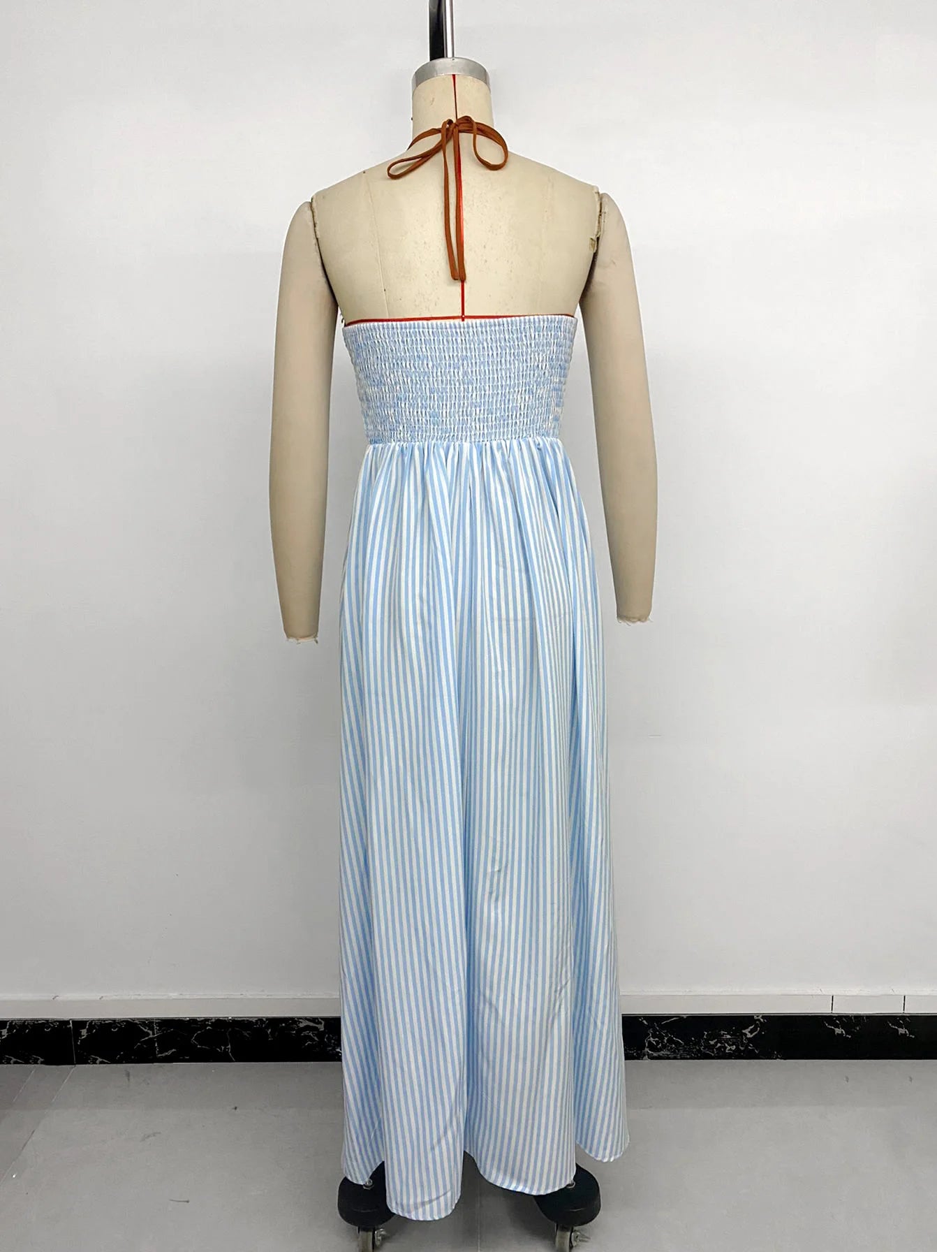 Sea Breeze Striped Deep V Beach Dress With Backless Sleeveless Maxi