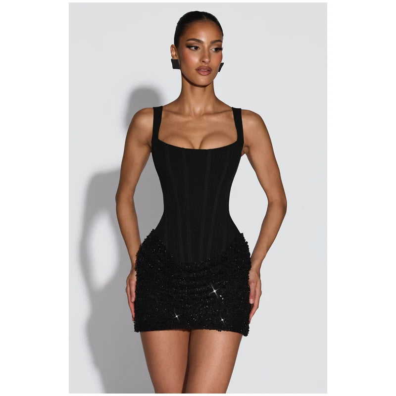 Sequin Patchwork Sling Mini Dress Off Shoulder Backless Waist Cinching Party Gown