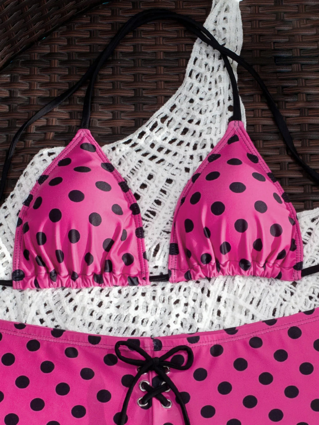 Hot Pink Polka Dot Bikini Set With Halter Top Push Up Detail High Waist Bottom Swimwear