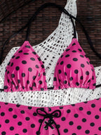 Hot Pink Polka Dot Bikini Set With Halter Top Push Up Detail High Waist Bottom Swimwear