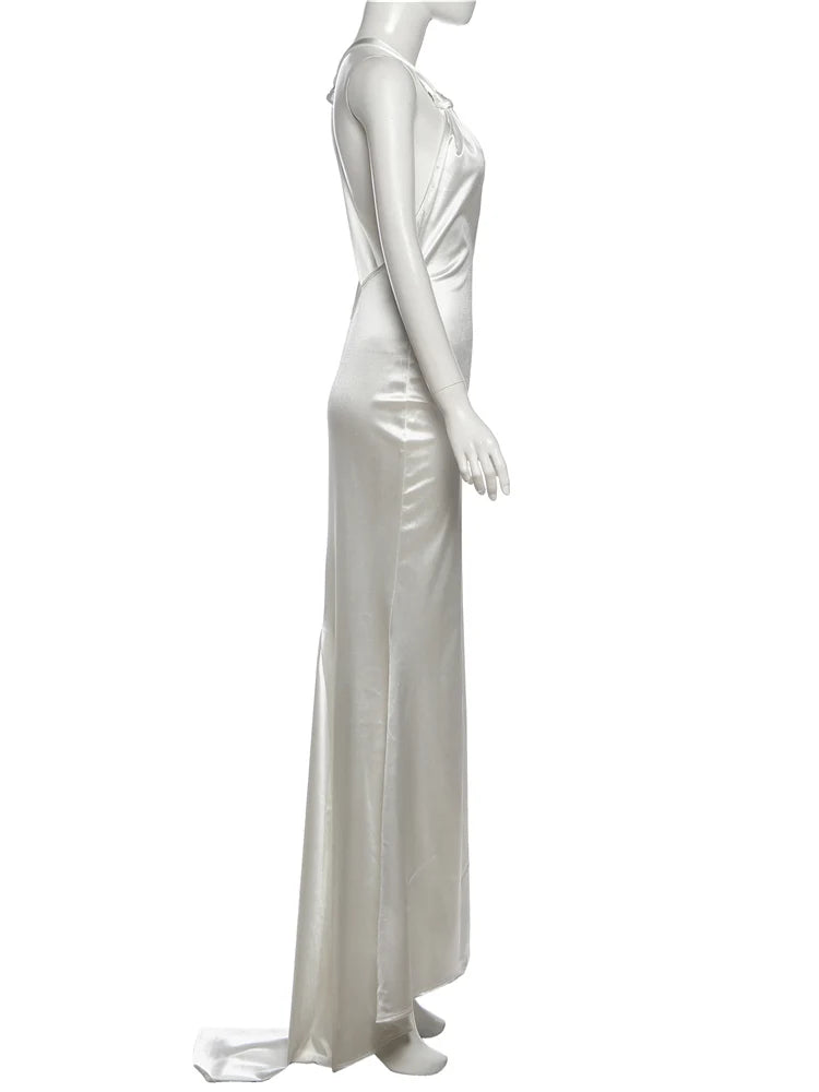Silky Satin Evening Gown With Low Neck Backless Design Sleeveless Maxi Dress
