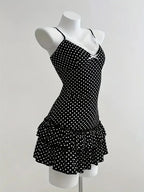 Polka Dot Camisole Mini Dress With V Neck And Ruffle Hem Slim Fit