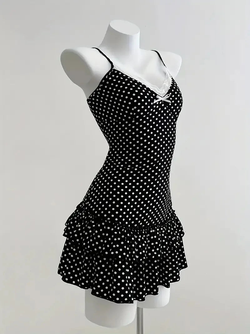 Polka Dot Camisole Mini Dress With V Neck And Ruffle Hem Slim Fit