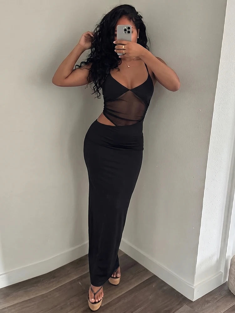 Mesh Patchwork Maxi Dress With Backless Silhouette Sleeveless