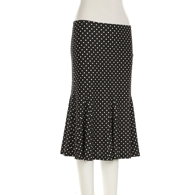 Black Polka Dot Print Midi Skirt With Low Waist Lightweight Knit