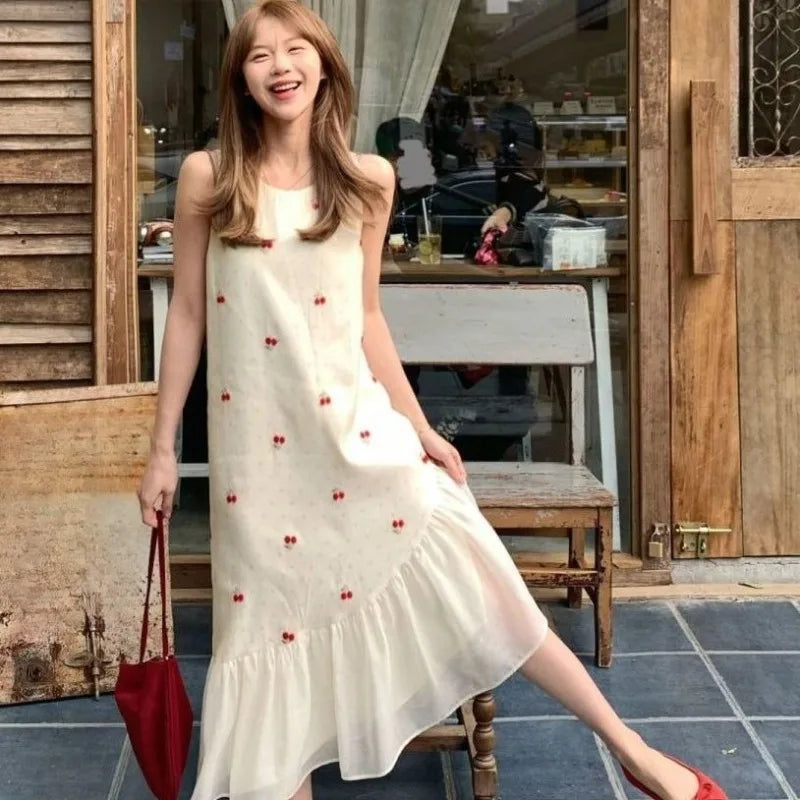 Cherry Patchwork Long Dress With Mesh Detailing