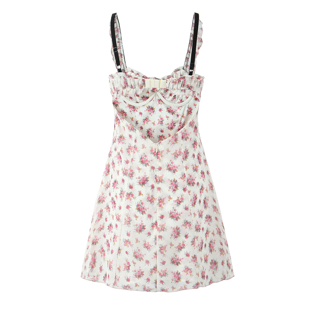 Romantic Beige Pink Flower Sling Sexy Dress Ruched Bra Backless  Dress