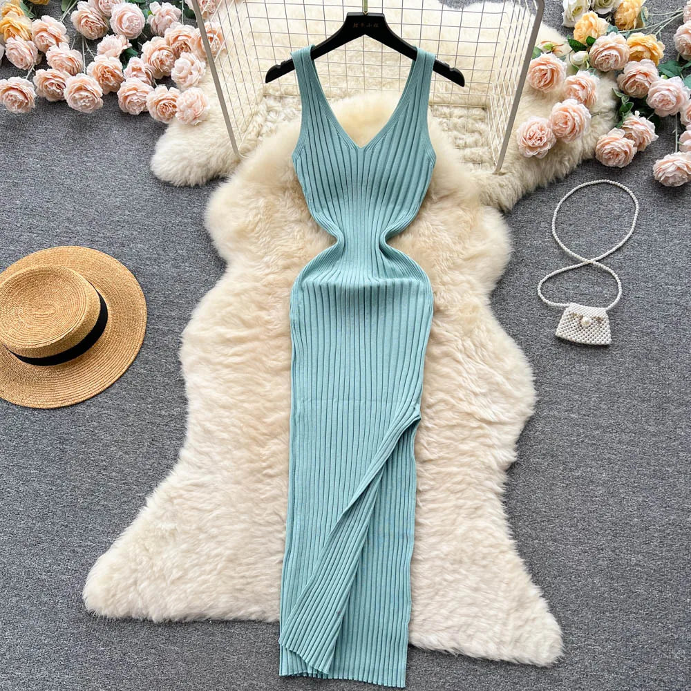 Wrap Knit Maxi Dress With Side Split