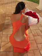 One Shoulder Backless Hollow Dress With Irregular Pleats And Tassel Patchwork