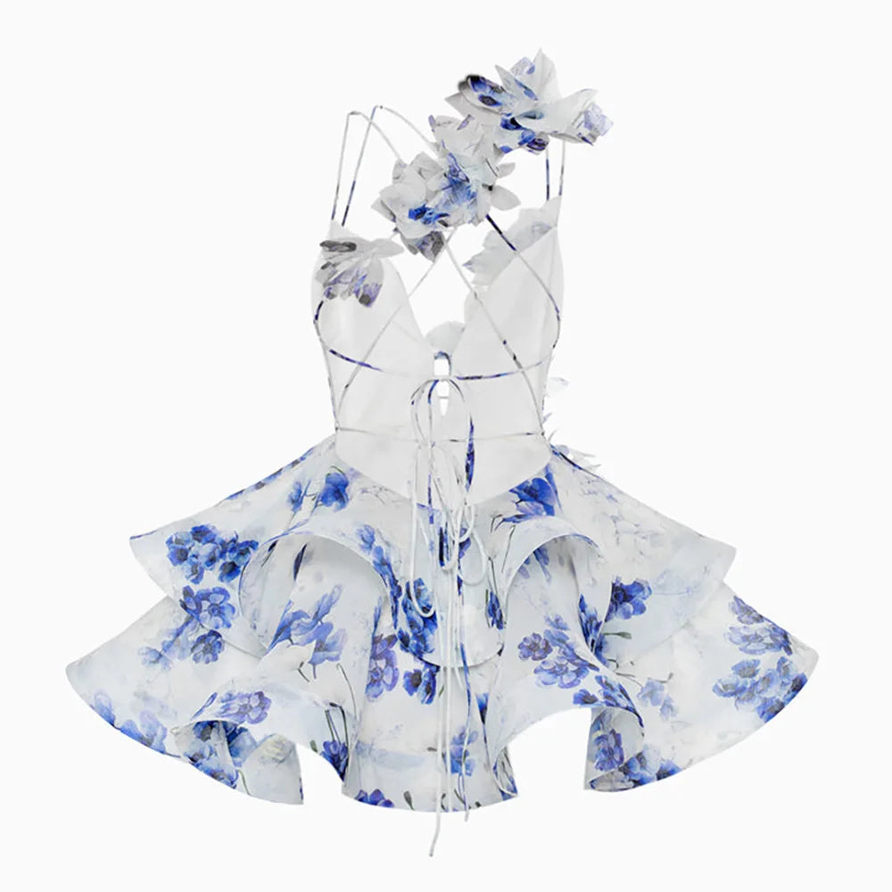 Petal 3D Flower Ruffle Camisole Dress With V Neck Backless Evening Look