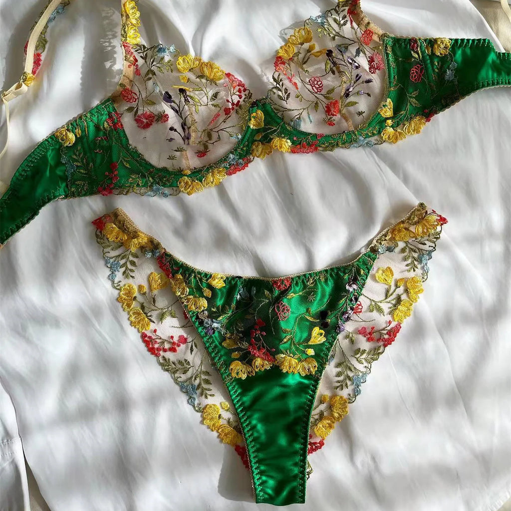 Countryside Embroidered Lingerie Set With Floral Patchwork Bra And Panty Details