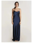 French Real Silk Elegant Women Spaghetti Strap Solid Nightgown