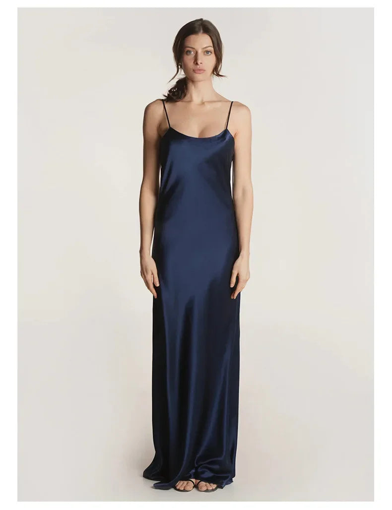 French Real Silk Elegant Women Spaghetti Strap Solid Nightgown