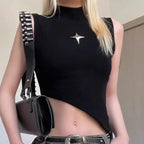 Crop Knit Vest With High Neck And Asymmetrical Hem