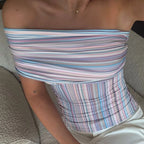 Striped Off Shoulder Crop With Wrap Neckline Bandeau Backless Sleeveless Tube Top