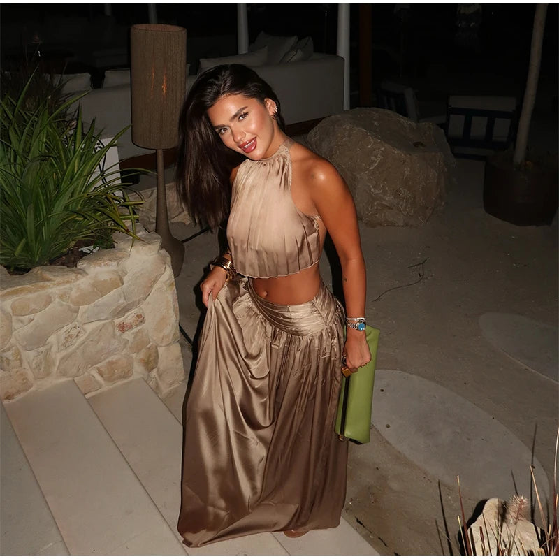 Two Piece Set Solid Color O Neck Top With Backless Lace Up And High Waist A Line Skirt