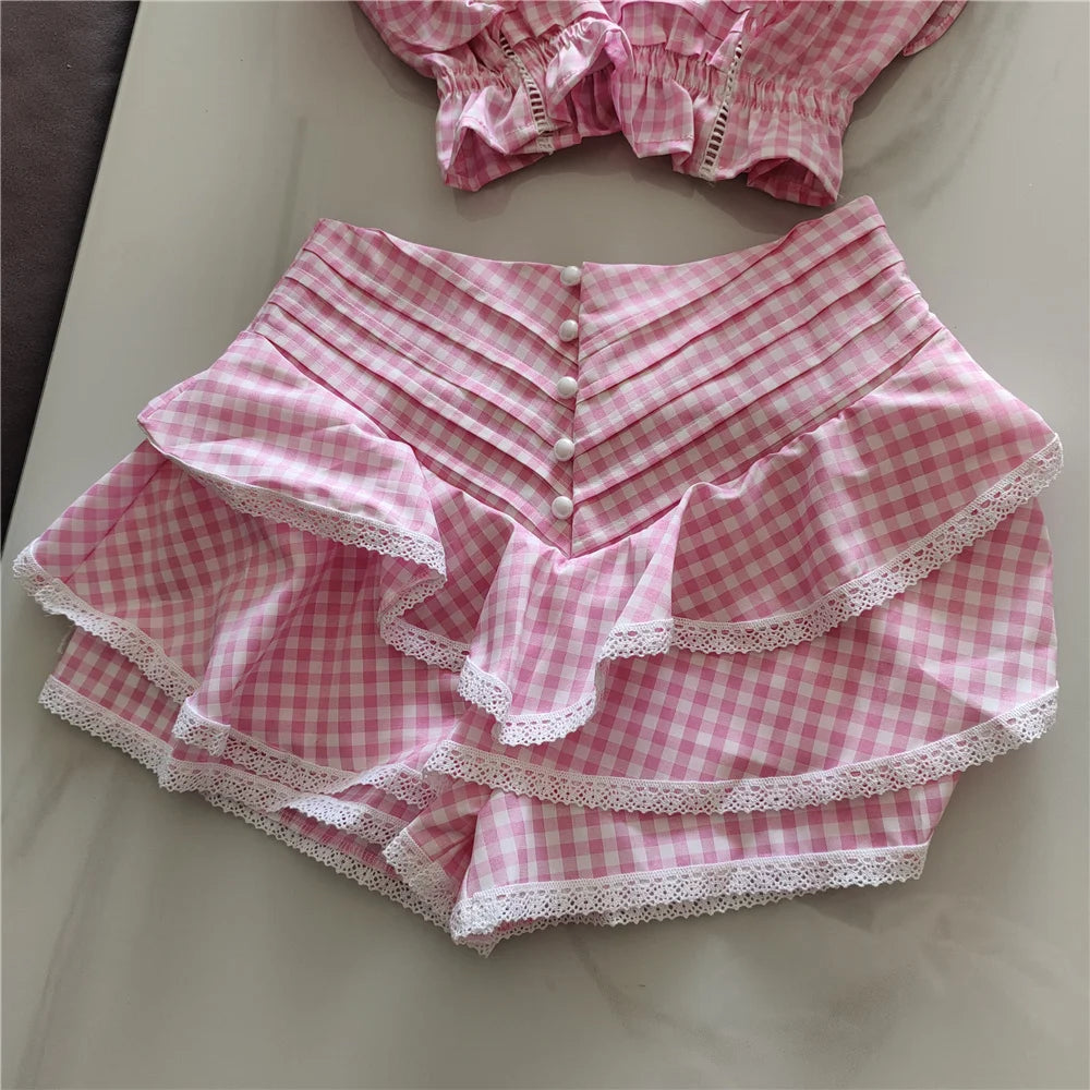 Cotton Plaid Ruffled Top And Shorts Set For Women