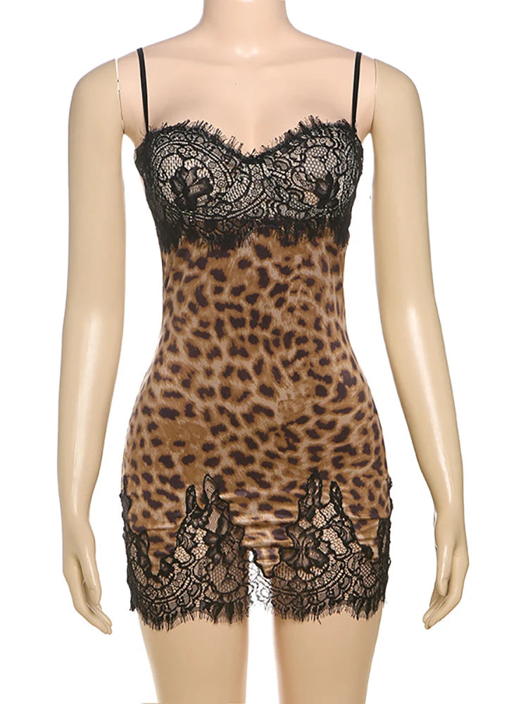 Leopard Patchwork Lace Mini Dress With Spaghetti Straps High Waist