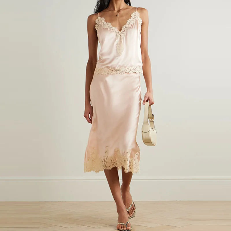 Lace Patchwork Two-piece Set With V-Neck Sling Top And Long Skirt