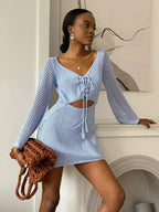 Knit Cutout Swim Cover Dress With V Neck And Lace Up Details Bell Sleeve