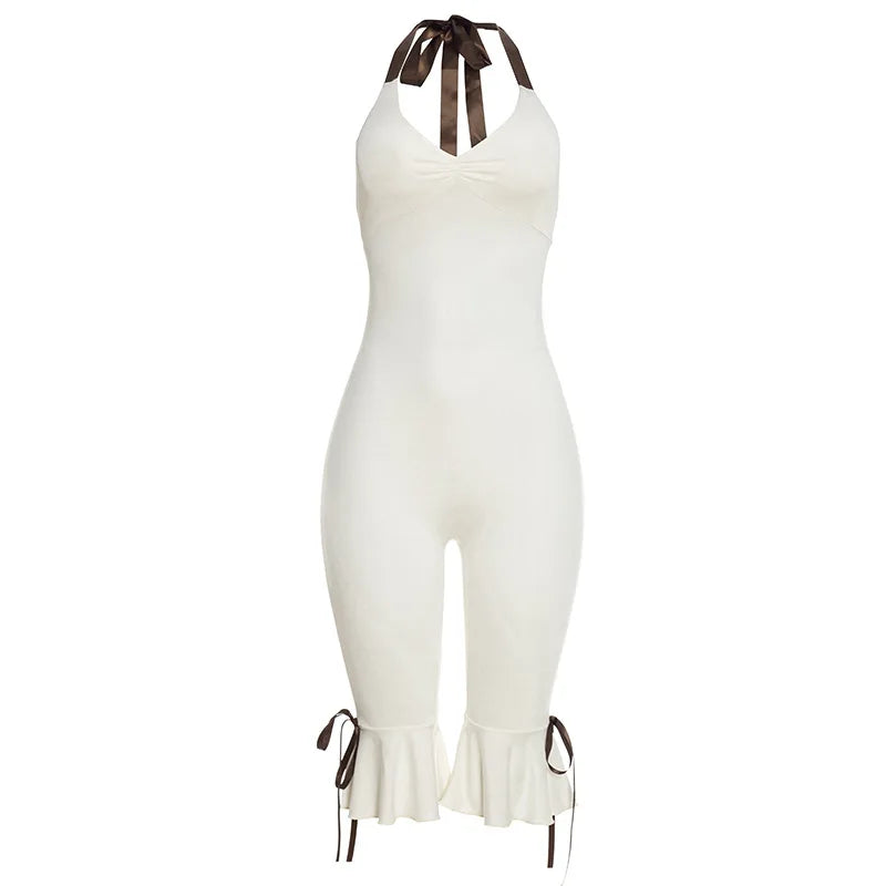 Lace Up Halter Bow Jumpsuit For Women V Neck Backless