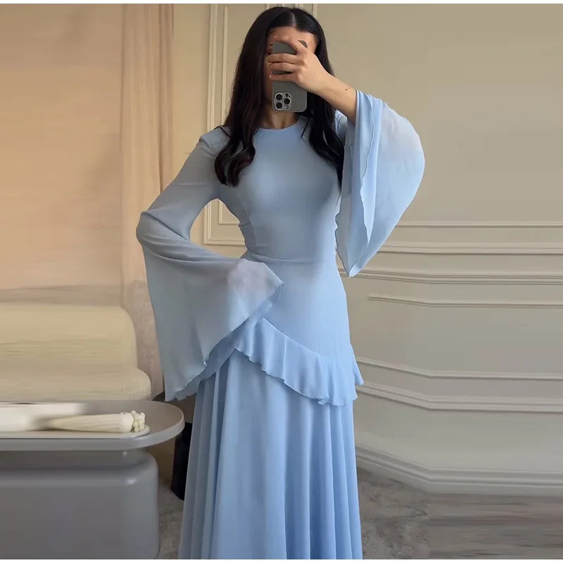 Flare Sleeve Maxi Dress With Ruffle Detail O Neck High Waist Pleated