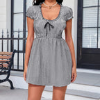 Plaid Bow Mini Dress With V Neck And Short Sleeves