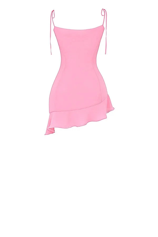 French Vintage Flounce Strap Dress with Irregular Bottom Hem Ribbon