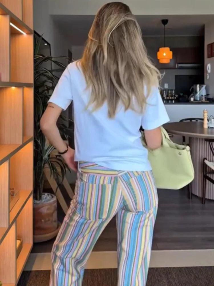 Vivid Multicolor Stripe Wide Leg Jeans With Pockets Low Waist Denim Trousers