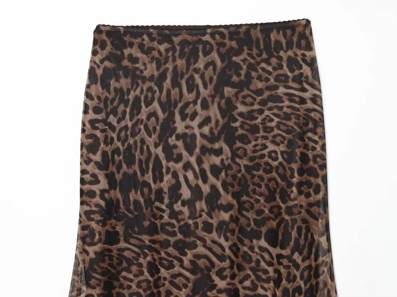 Vintage Leopard Print Mesh Long Skirt With Empire Waist Flowy Tulle