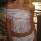 Striped Off Shoulder Crop With Wrap Neckline Bandeau Backless Sleeveless Tube Top