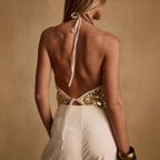 Backless Halter Sequin Crop Top Sparkly Sleeveless Glitter Camisole