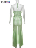 Sheer Halter Dress With Butterfly Appliques Hollow Ruffle Details Elegant Gown