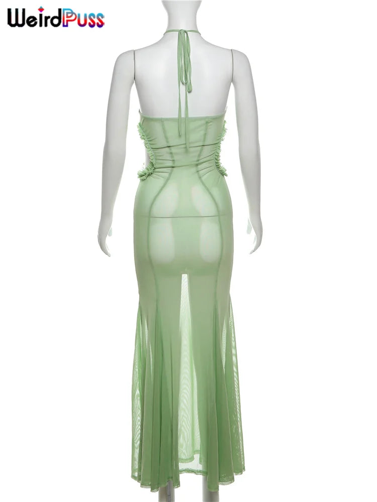 Sheer Halter Dress With Butterfly Appliques Hollow Ruffle Details Elegant Gown