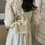 Lace Bow Straw Weave Crossbody Bag Summer Beach Style Small Bucket Elegant And Lightweight