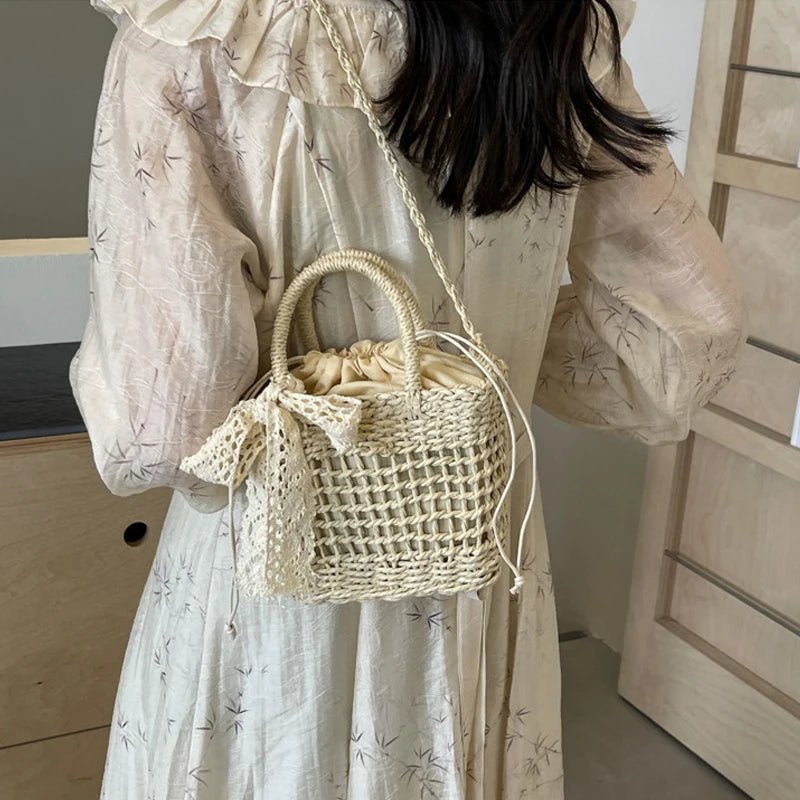 Lace Bow Straw Weave Crossbody Bag Summer Beach Style Small Bucket Elegant And Lightweight