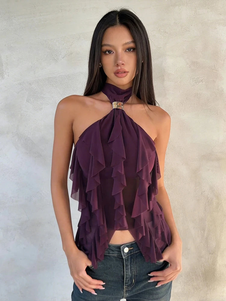 Tierred Backless Halter Patchwork Tank Top With Metal Buckle Accent Irregular Hem