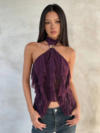 Tierred Backless Halter Patchwork Tank Top With Metal Buckle Accent Irregular Hem