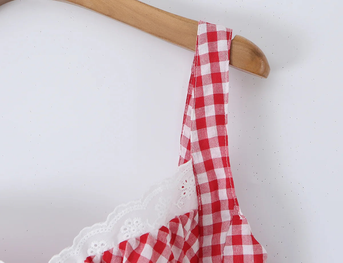 Red Plaid Corset Camis Lace Trim Bow Detail Bustier Sexy Top