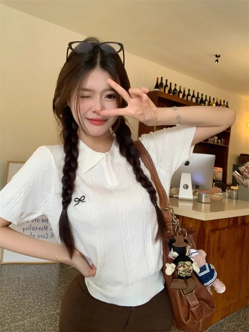 Sweet Bow Embroidered Knitted Polo Shirt For Women Short Sleeve