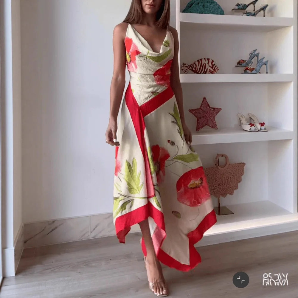 Romantic Floral Spaghetti Strap Backless Maxi Dress