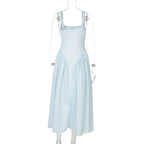 Gingham Square Neck A-Line Midi Dress With Pockets